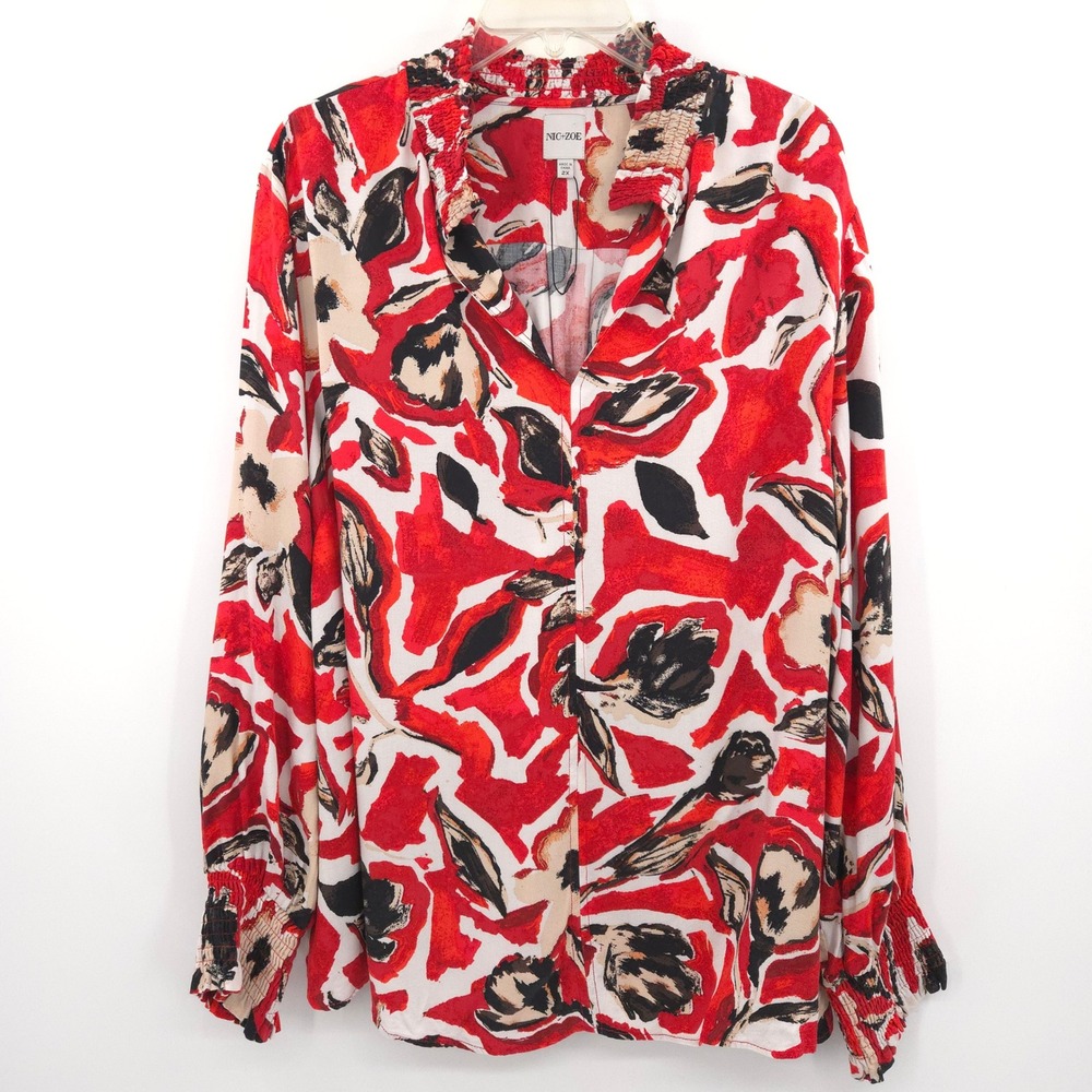 Nic+Zoe Blouse Women 2X Red Abstract‎ Floral Smocked Neck Long Sleeve Top